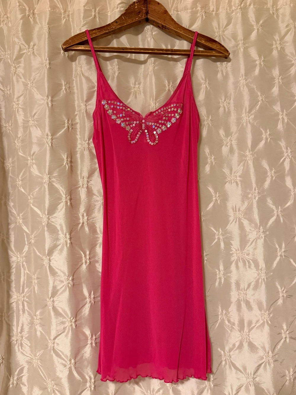 VTG Y2K Rampage Hot Pink Mesh Sequin Butterfly Slip Dress Nightie Fairy Lingerie